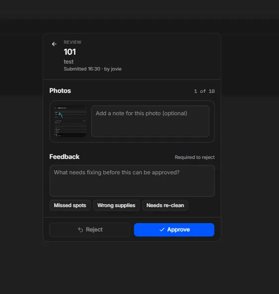 The review screen, with feedback, Reject and Approve