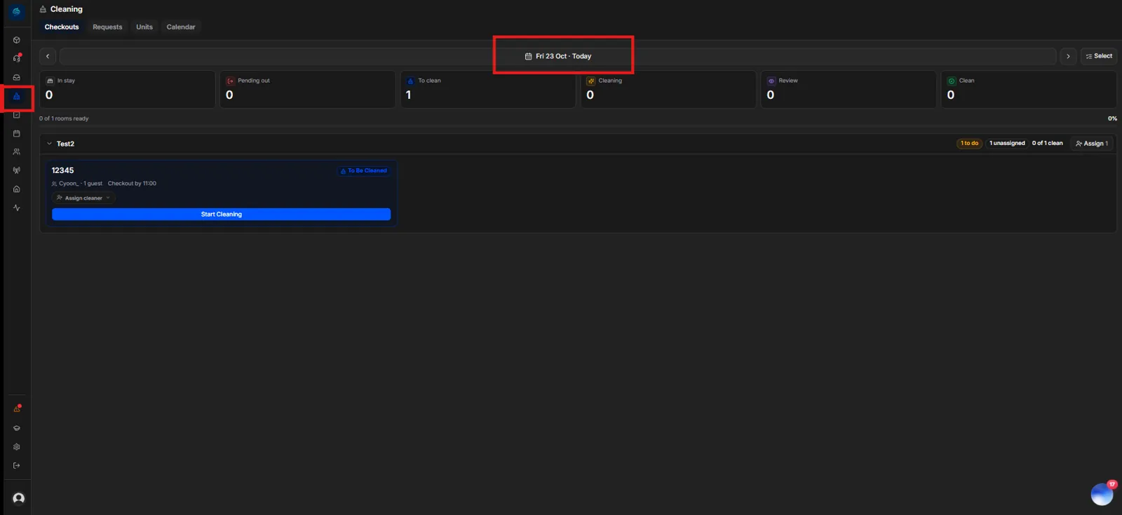 The Cleaning page, showing a count for each status